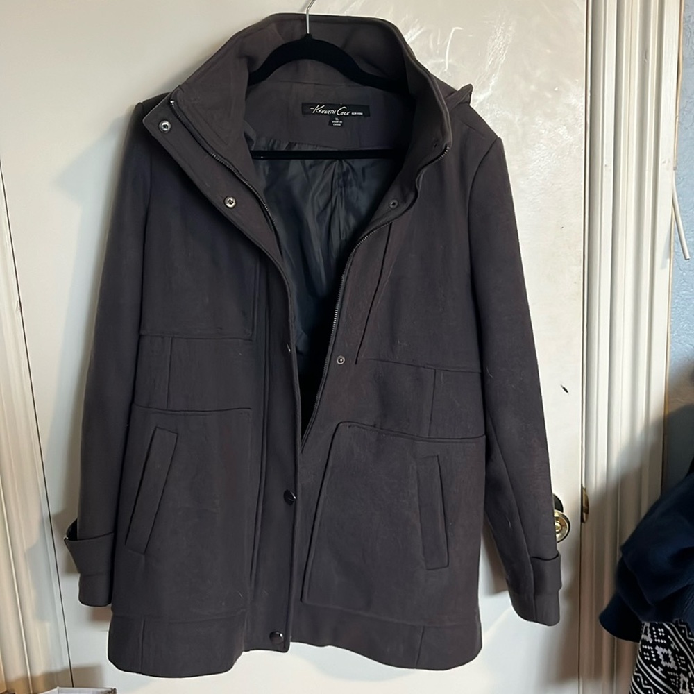 Kenneth Cole New York Wool Blend Zip Up Coat with Removable Hood 
Flattering Cut
